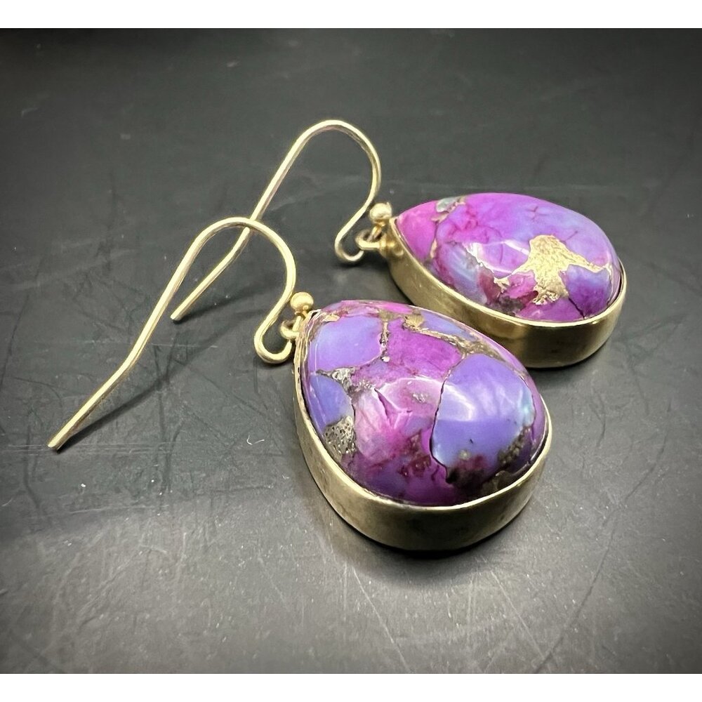 Vintage Gold Over Sterling Silver Purple Turquoise Dangle Earrings